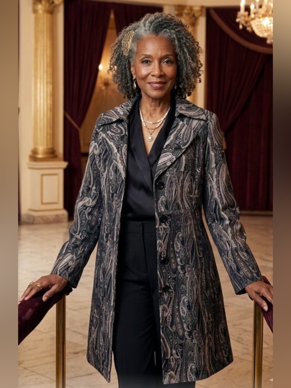 Bisou Bisou Black and Gray Paisley Long Coat
